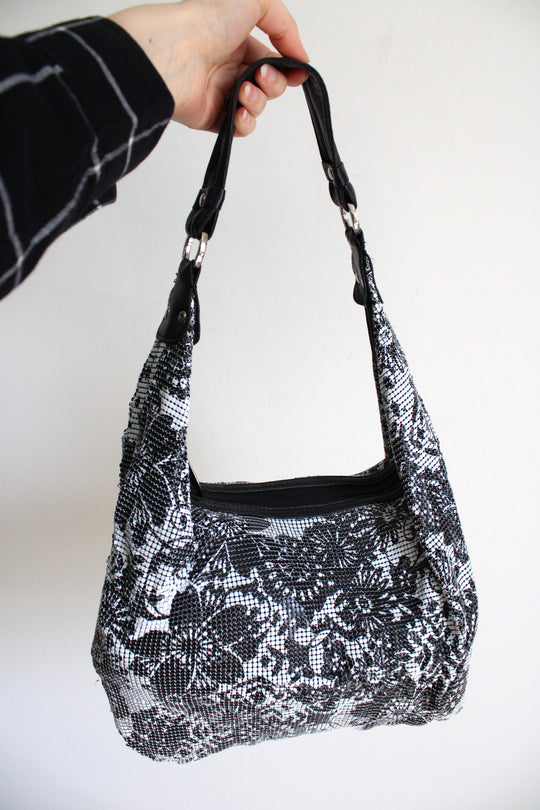 WD By Whiting & Davis Black White Floral Mesh Purse