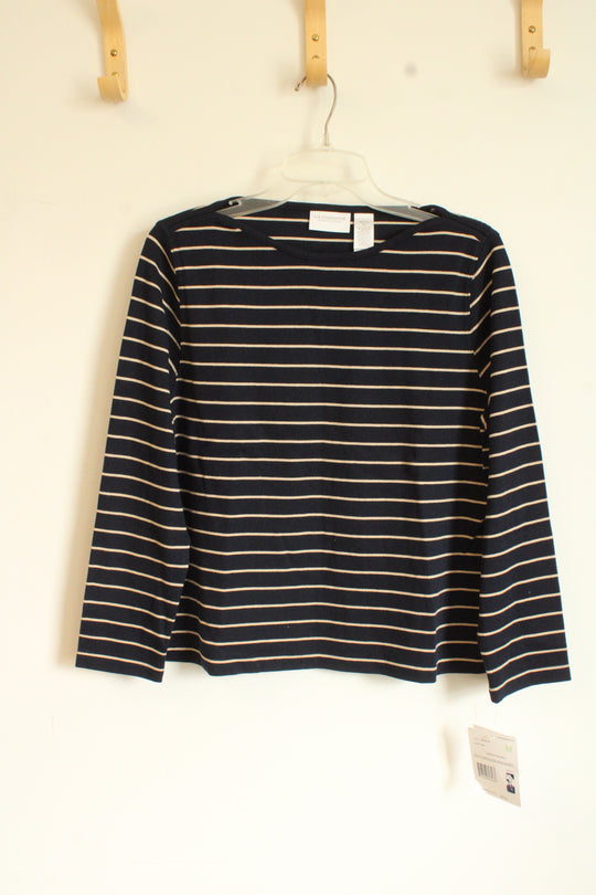 NEW Liz Claiborne Navy and Tan Cotton Striped Long Sleeve Top | M