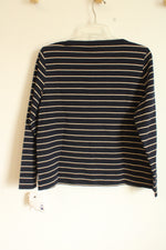 NEW Liz Claiborne Navy and Tan Cotton Striped Long Sleeve Top | M