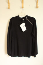 NEW The Quaker Factory Black Long Sleeve Sweater with Side Collar Rhinestone Zipper | 1XL