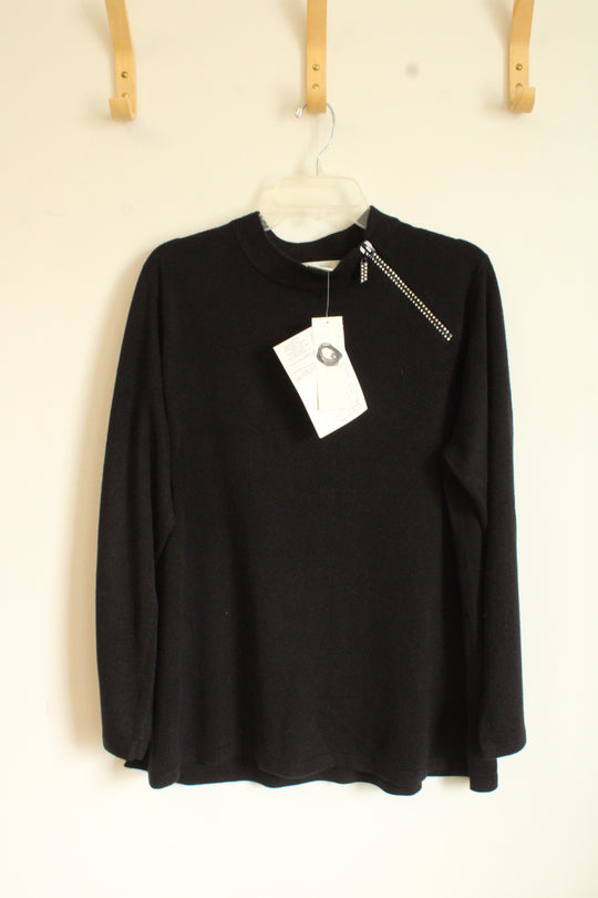 NEW The Quaker Factory Black Long Sleeve Sweater with Side Collar Rhinestone Zipper | 1XL