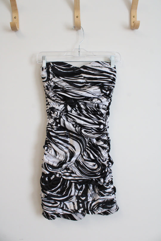 Arden B. Black & White Swirl Ruched Strapless Mini Dress | XS