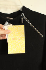 NEW The Quaker Factory Black Long Sleeve Sweater with Side Collar Rhinestone Zipper | 1XL
