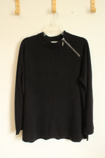 NEW The Quaker Factory Black Long Sleeve Sweater with Side Collar Rhinestone Zipper | 1XL