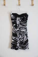 Arden B. Black & White Swirl Ruched Strapless Mini Dress | XS