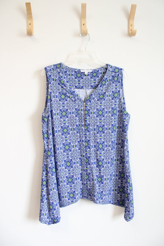 Notations Blue & White Patterned Quarter Zip Sleeveless Top | L