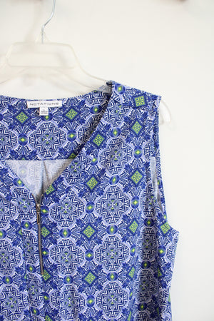 Notations Blue & White Patterned Quarter Zip Sleeveless Top | L