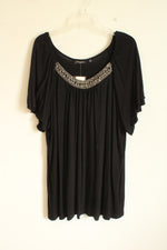 NEW Notations Black Short Sleeve Top with Ruffles and Beaded Collar | 3XL