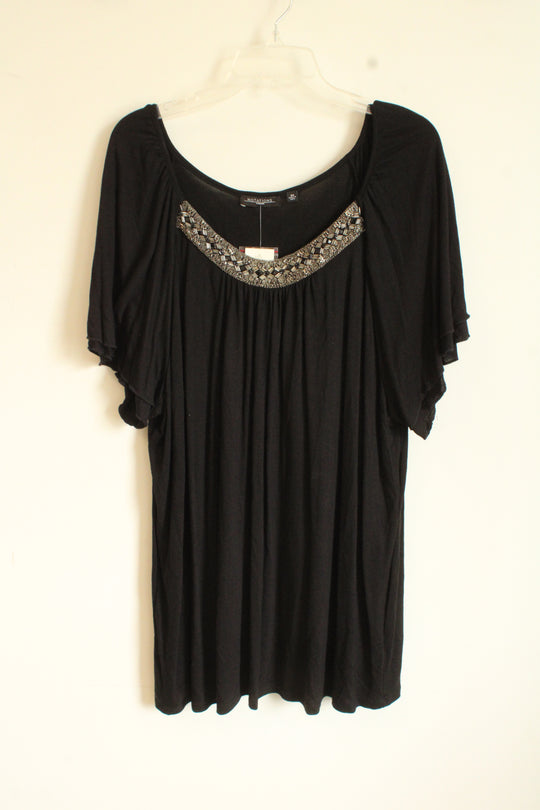 NEW Notations Black Short Sleeve Top with Ruffles and Beaded Collar | 3XL