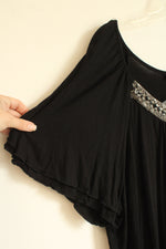 NEW Notations Black Short Sleeve Top with Ruffles and Beaded Collar | 3XL
