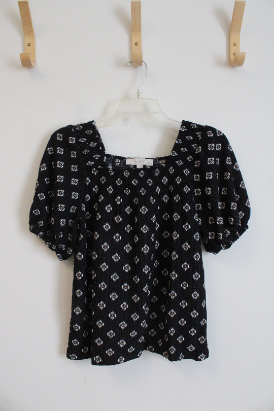 NEW LOFT Black & White Patterned Square Neck Top | XS Petite
