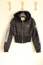 True Religion Black Cropped Puffer Jacket with Faux Fur Hood  | S