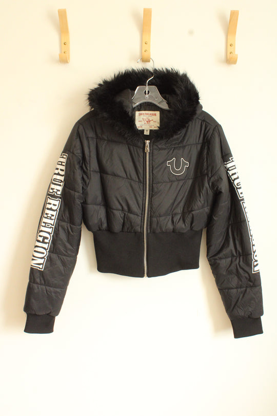True Religion Black Cropped Puffer Jacket with Faux Fur Hood  | S