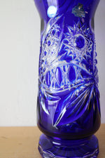 Vintage Cobalt Blue Bohemian Cut To Clear Glass Vase | 12.5"