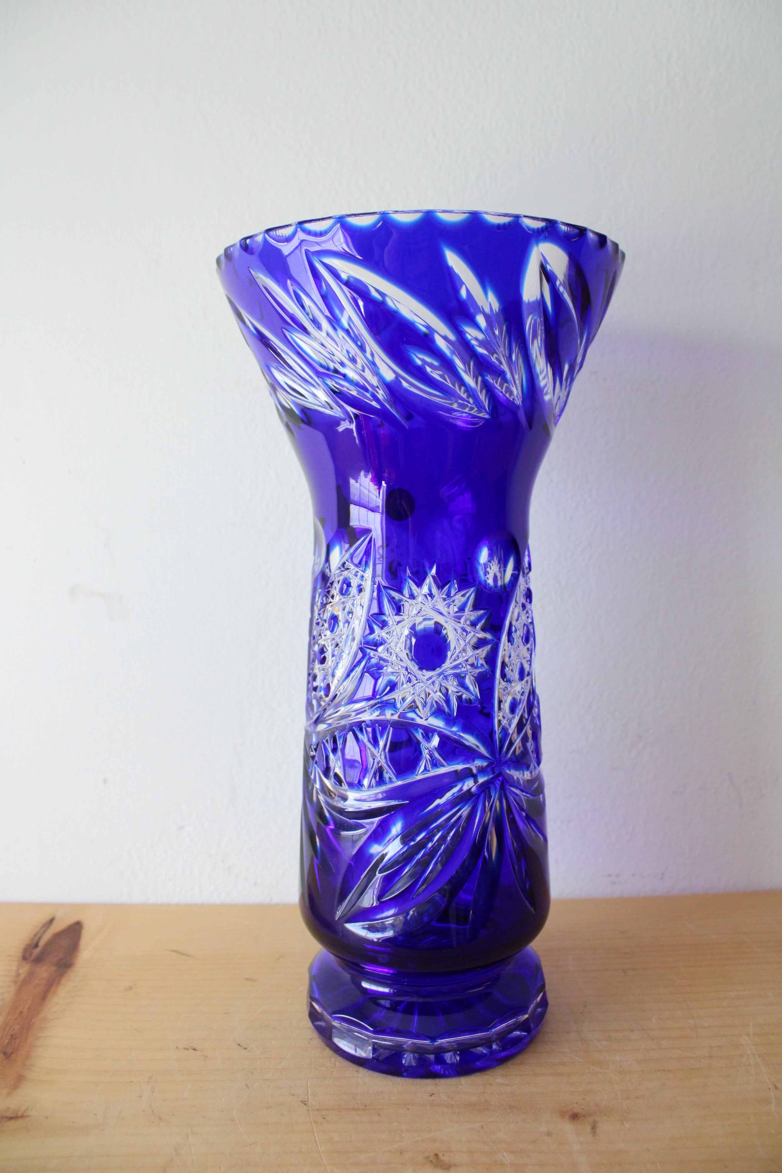 Vintage Cobalt Blue Bohemian Cut To Clear Glass Vase | 12.5"