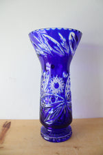 Vintage Cobalt Blue Bohemian Cut To Clear Glass Vase | 12.5"