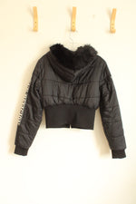 True Religion Black Cropped Puffer Jacket with Faux Fur Hood  | S