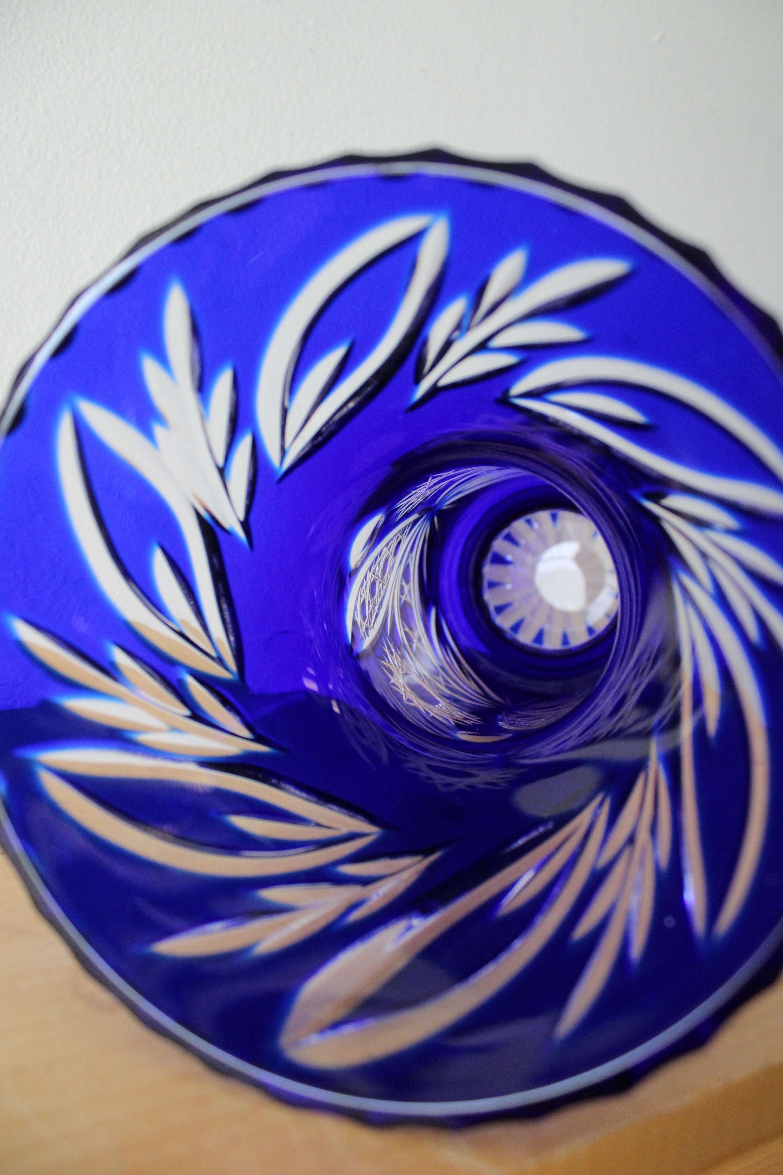 Vintage Cobalt Blue Bohemian Cut To Clear Glass Vase | 12.5"