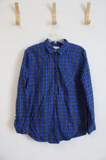 Gap Boyfriend Fit Blue Black & White Plaid 1/2 Button Down Top | L