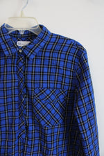 Gap Boyfriend Fit Blue Black & White Plaid 1/2 Button Down Top | L