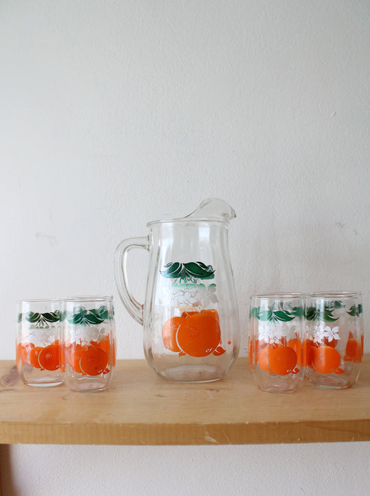 Vintage Bartlett Collins Orange Crush Glass Pitcher & Cups | Set Of 8