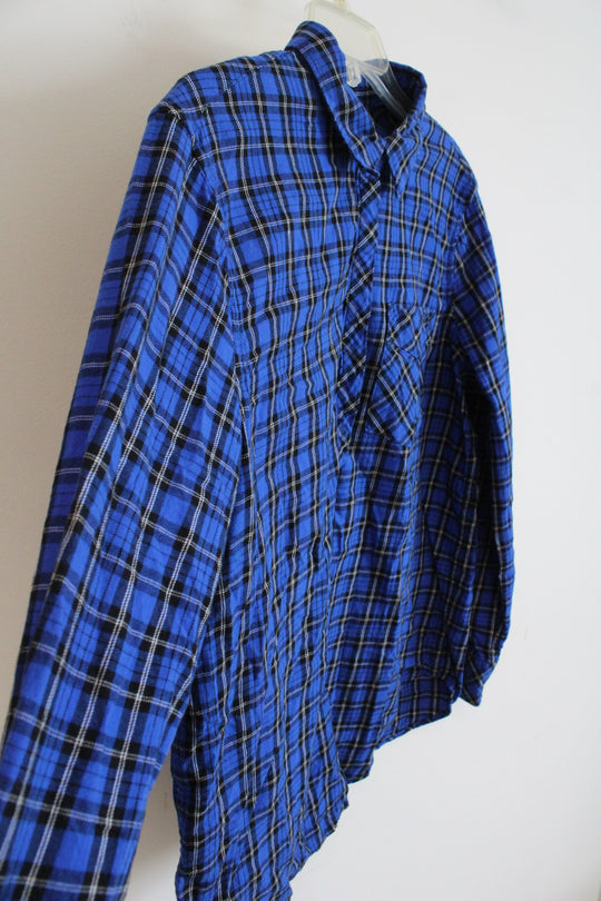 Gap Boyfriend Fit Blue Black & White Plaid 1/2 Button Down Top | L