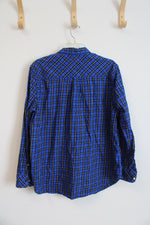 Gap Boyfriend Fit Blue Black & White Plaid 1/2 Button Down Top | L