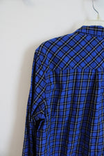 Gap Boyfriend Fit Blue Black & White Plaid 1/2 Button Down Top | L
