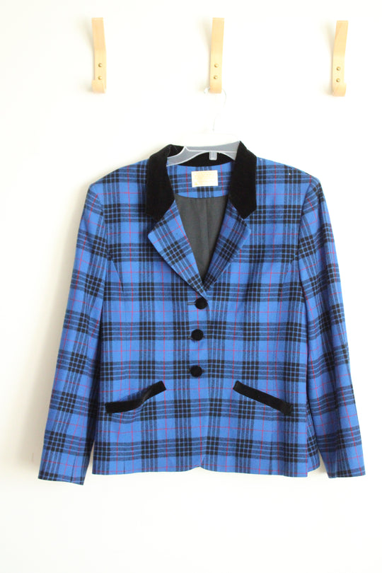 Pendleton Vintage Velvet Collar Blue and Black Plaid Blazer | 16