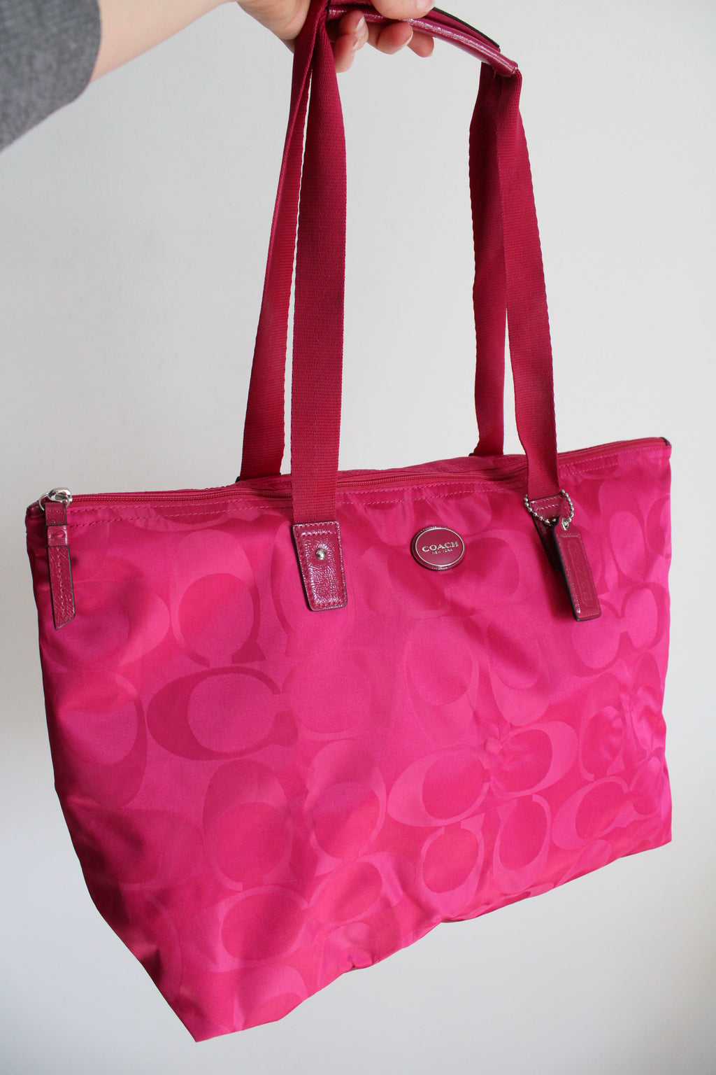 Coach Signature Pink Satin Monogram Pattern Shopper Shoulder Tote Bag & Pouch
