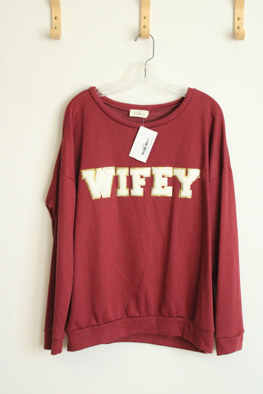 NEW Hopely Burgundy Sequin Puff Patch Wifey Sweatshirt | L