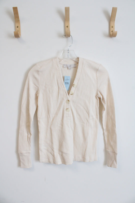 NEW LOFT Cream Ribbed 1/2 Button Down Top | XXS Petite