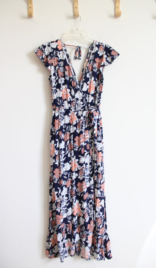 BOG Collective Navy Pink & White Floral Wrap Maxi Dress | M