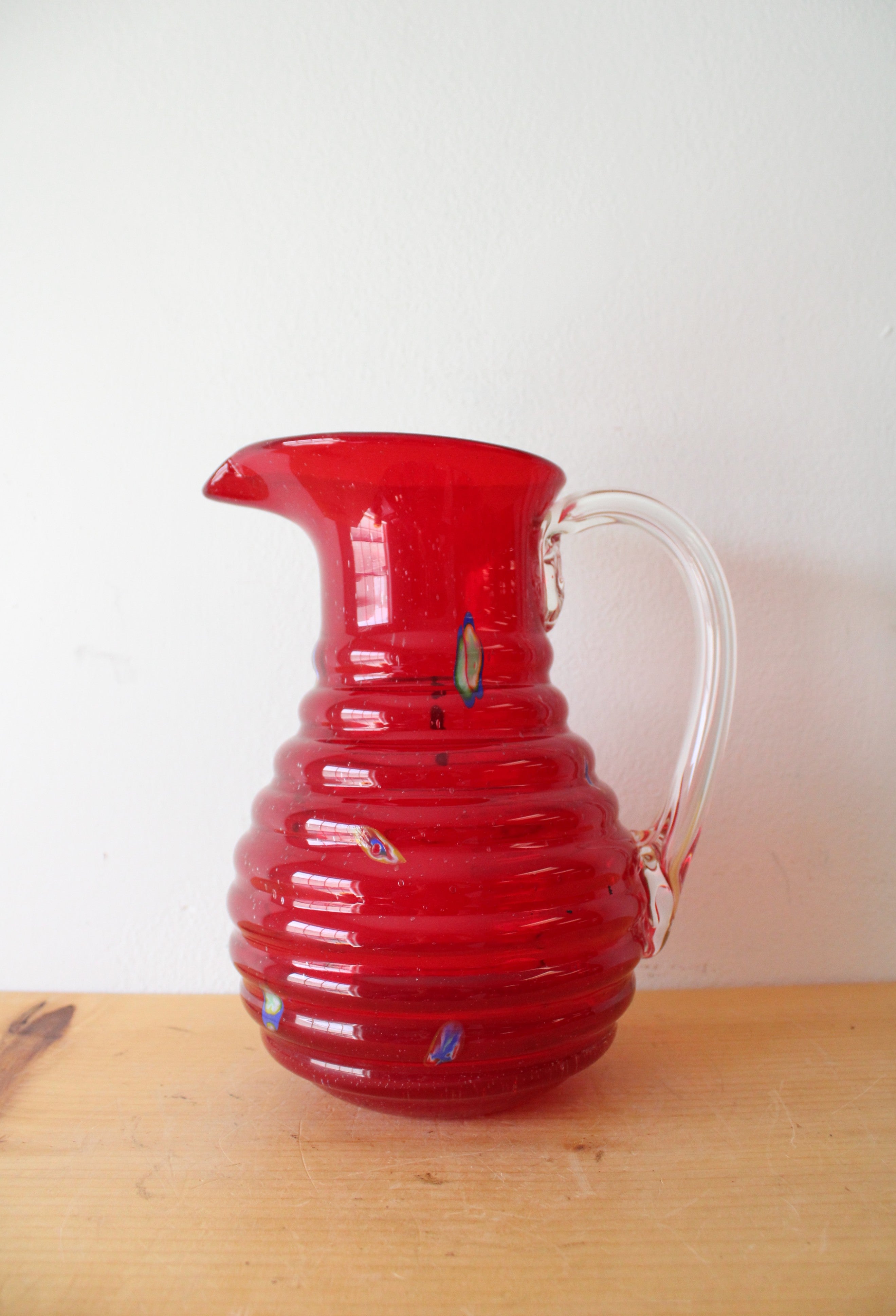 Vintage Ribbed Red Confetti Hand Blown Glass Pitcher