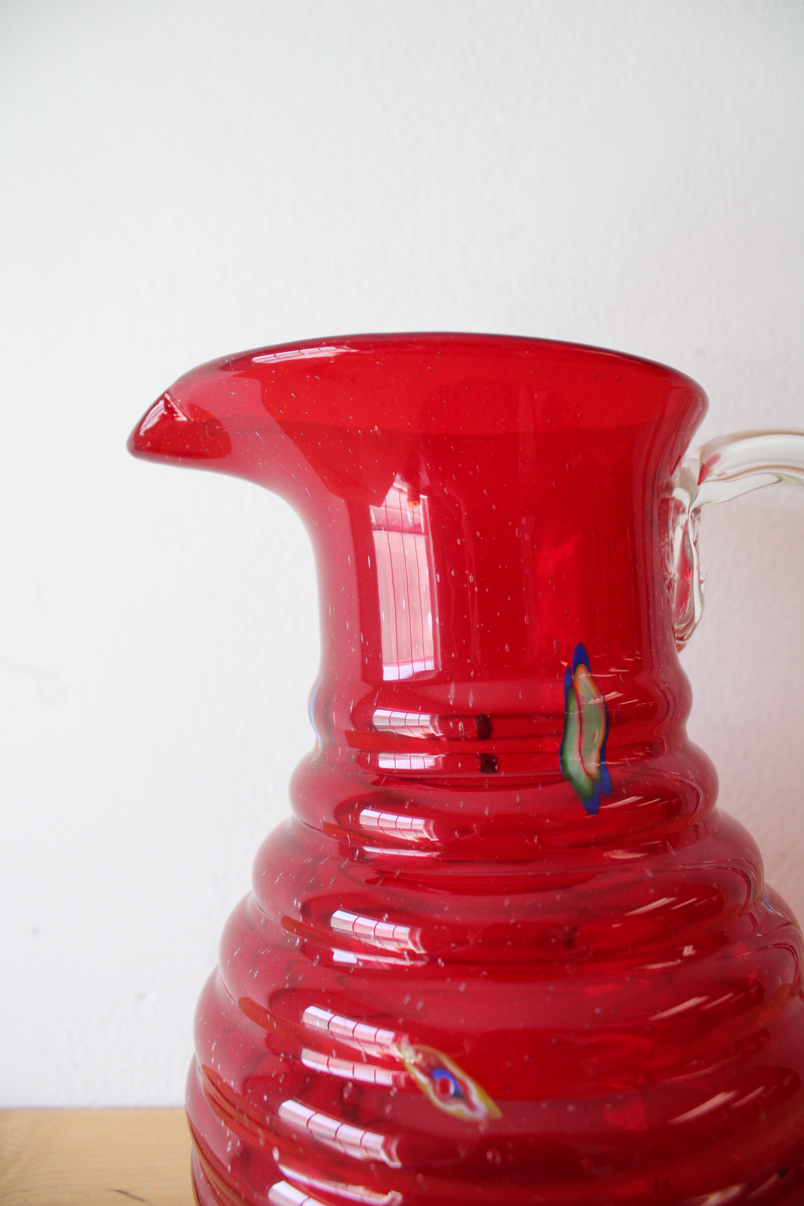 Vintage Ribbed Red Confetti Hand Blown Glass Pitcher