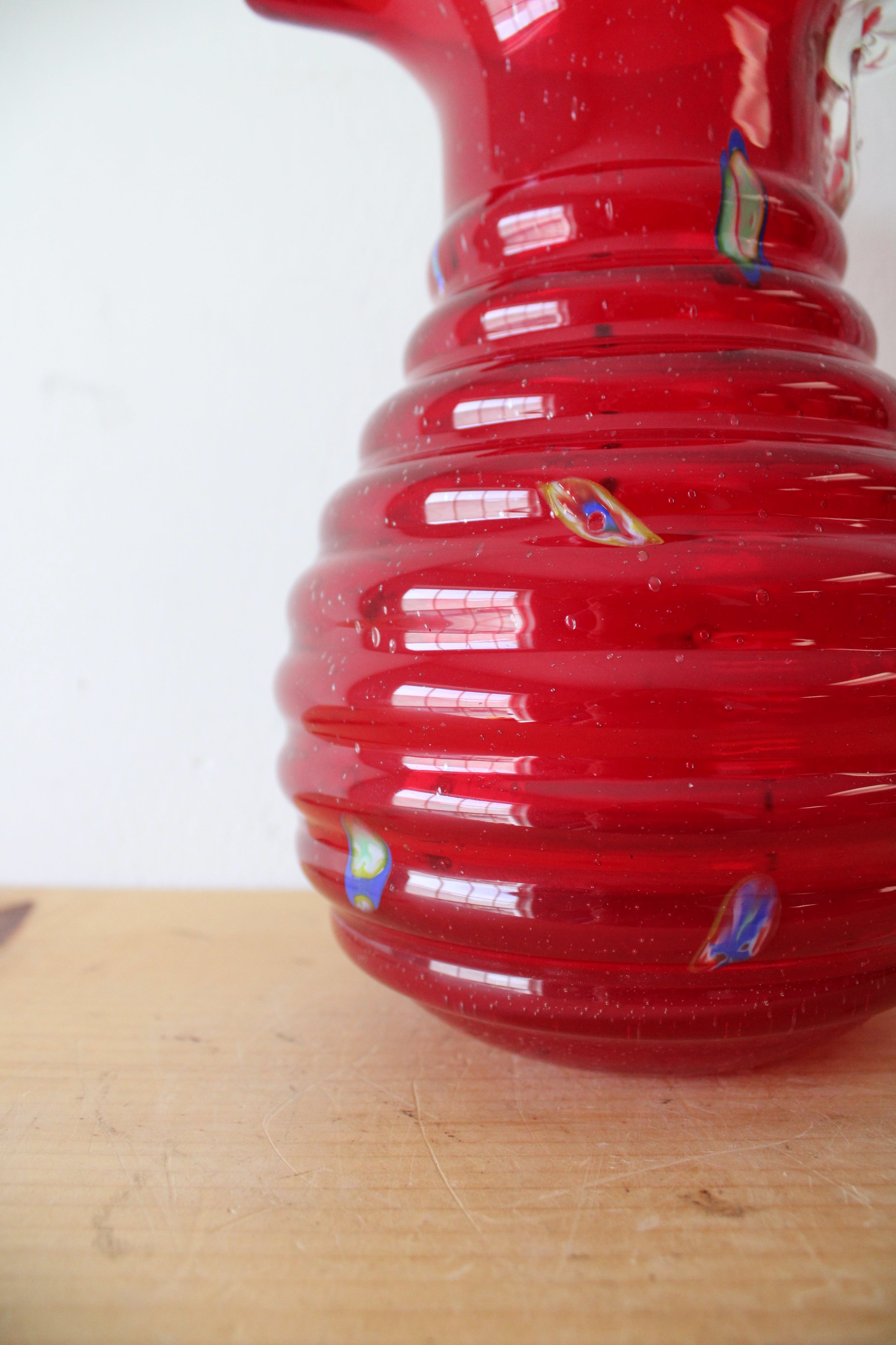 Vintage Ribbed Red Confetti Hand Blown Glass Pitcher