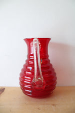 Vintage Ribbed Red Confetti Hand Blown Glass Pitcher