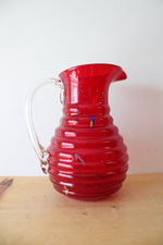Vintage Ribbed Red Confetti Hand Blown Glass Pitcher