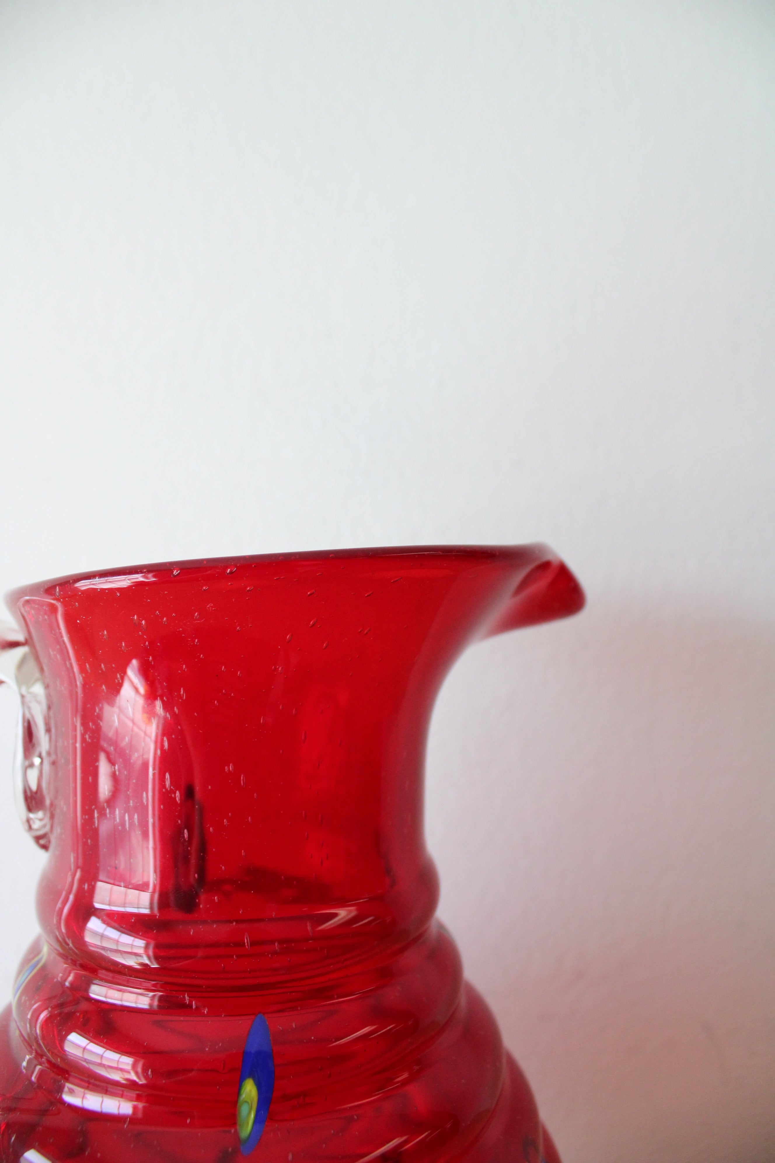 Vintage Ribbed Red Confetti Hand Blown Glass Pitcher