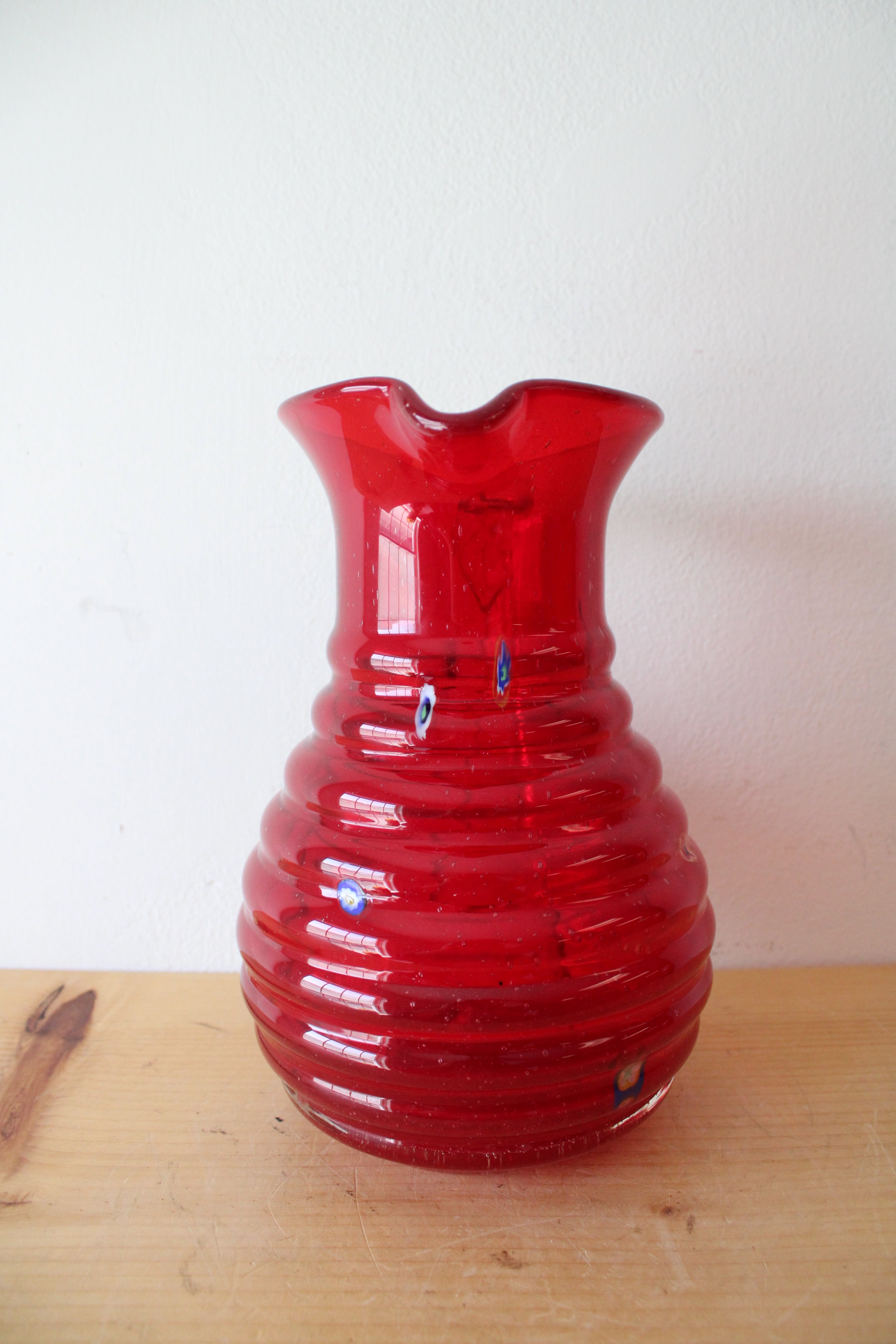 Vintage Ribbed Red Confetti Hand Blown Glass Pitcher