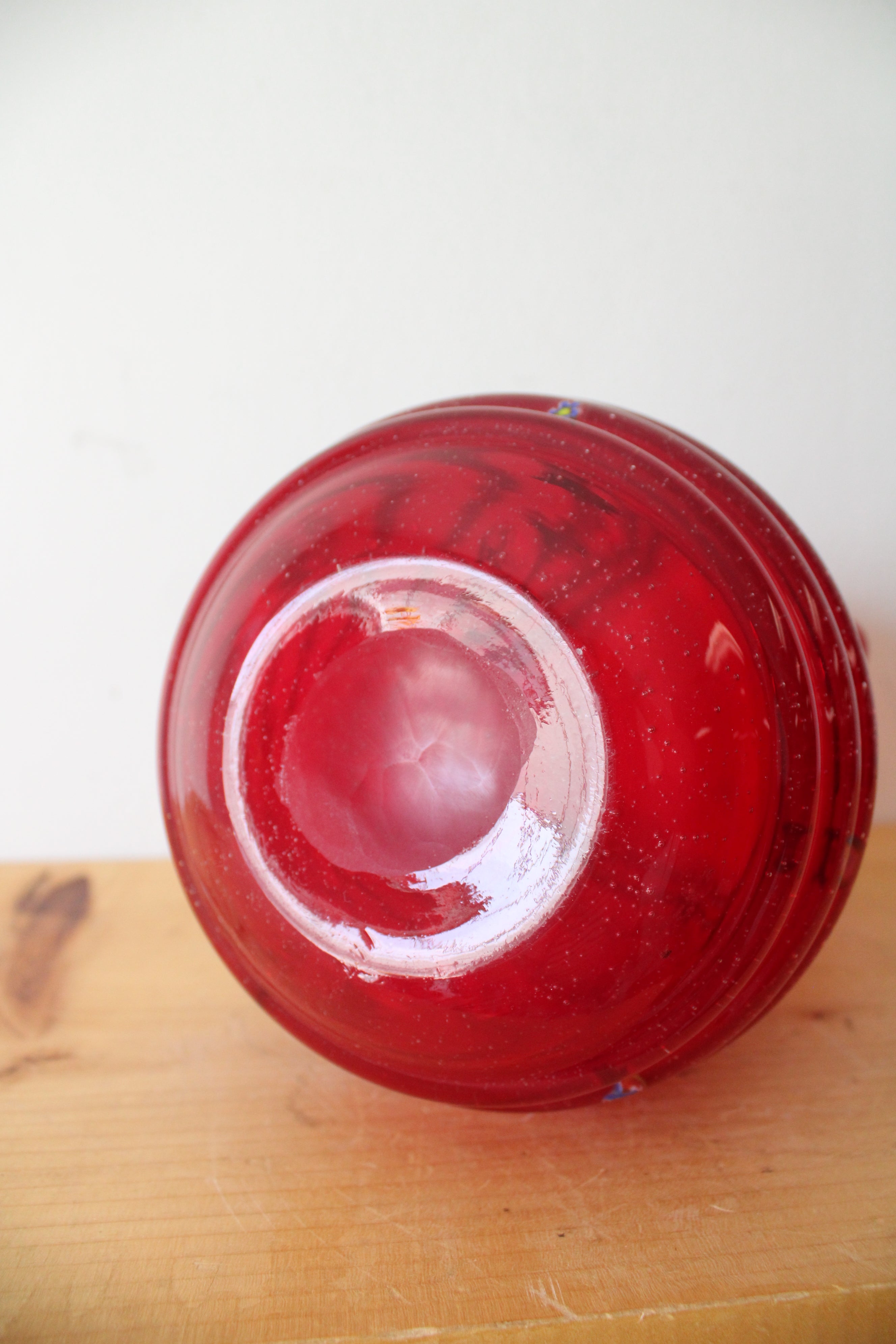 Vintage Ribbed Red Confetti Hand Blown Glass Pitcher