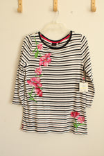 NEW Rafaela Black and White Striped 3/4 Sleeve Top with Pink Floral Embroidery | M