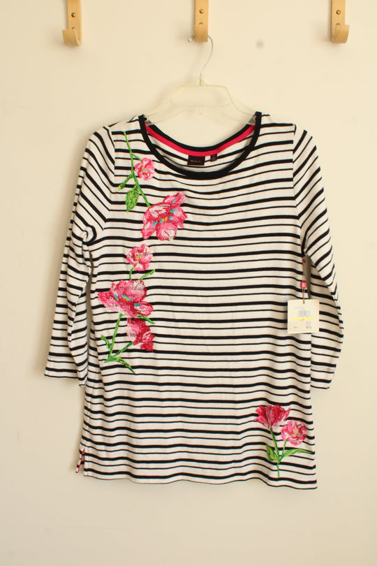NEW Rafaela Black and White Striped 3/4 Sleeve Top with Pink Floral Embroidery | M