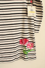 NEW Rafaela Black and White Striped 3/4 Sleeve Top with Pink Floral Embroidery | M