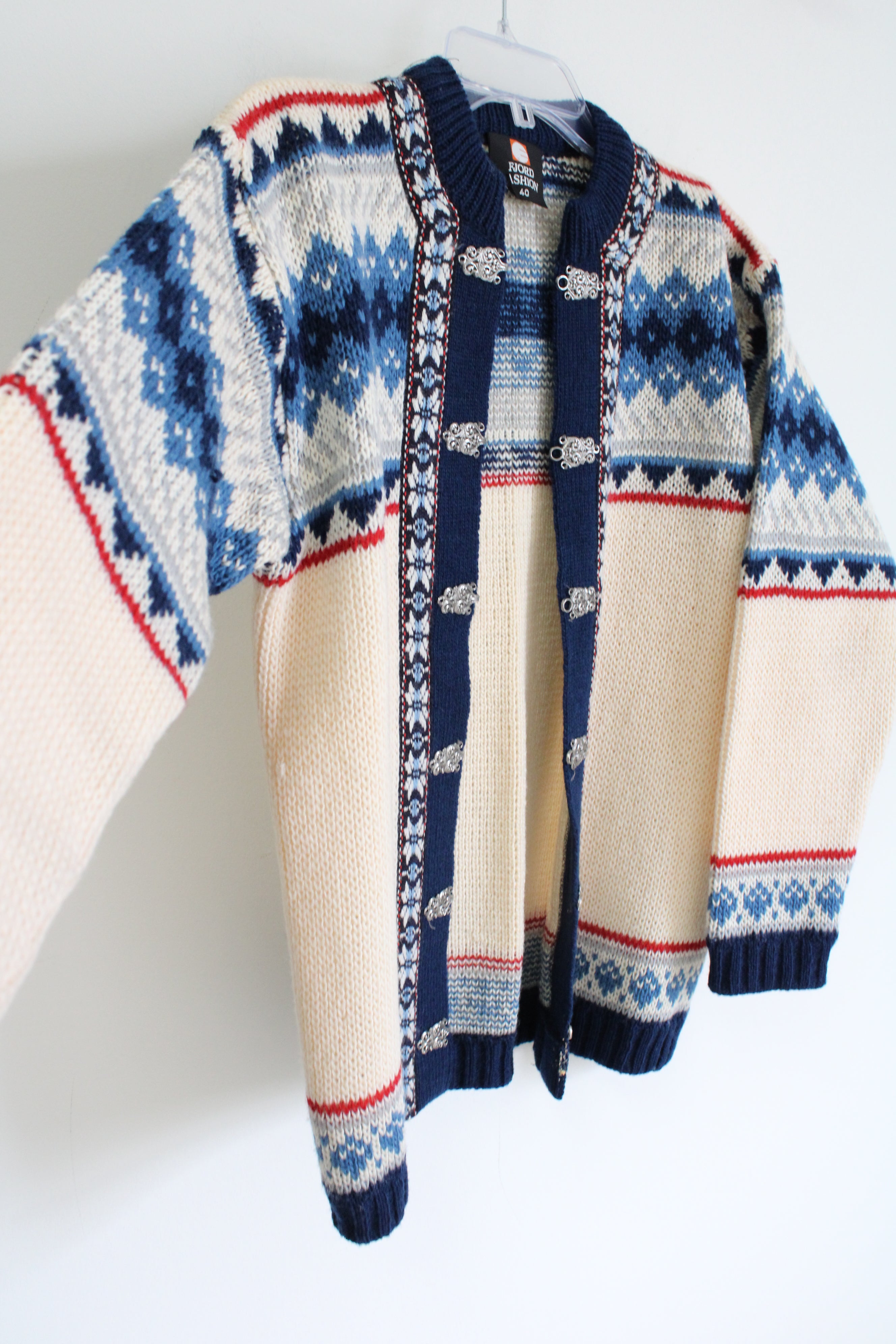 Fjord Fashion Vintage A. S. Evebfoss Sandane Norway Wool Blue Cream Knit Cardigan | 40