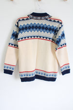 Fjord Fashion Vintage A. S. Evebfoss Sandane Norway Wool Blue Cream Knit Cardigan | 40