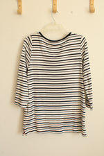 NEW Rafaela Black and White Striped 3/4 Sleeve Top with Pink Floral Embroidery | M