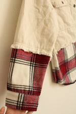 NEW SO Light Tan Denim Trucker Jacket with Red Plaid Flannel Bottom | S