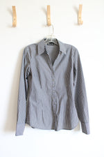 New York & Company Gray & White Striped Button Down Top | S