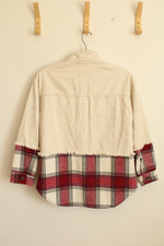 NEW SO Light Tan Denim Trucker Jacket with Red Plaid Flannel Bottom | S